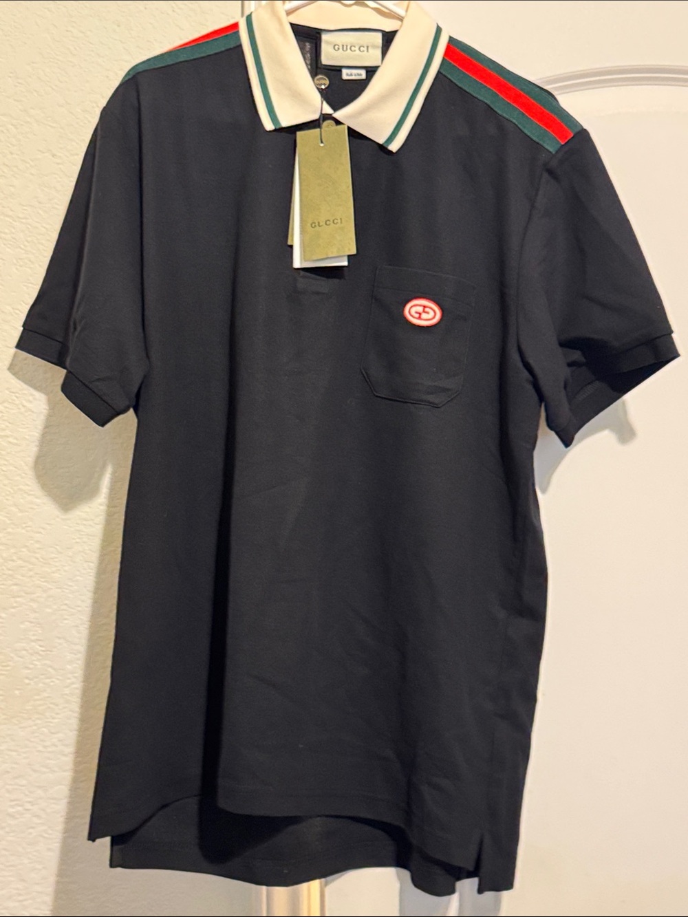 Gucci blue Polo with Green & Red Shoulder Stripes